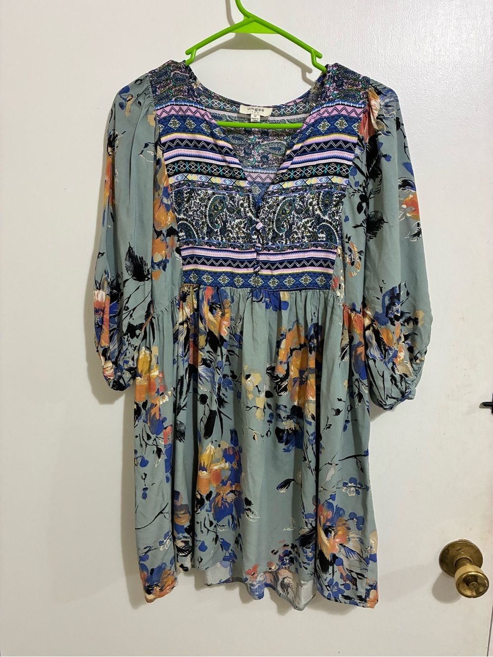 Boho Floral Smocked Yoke Top - Sage Floral size medium